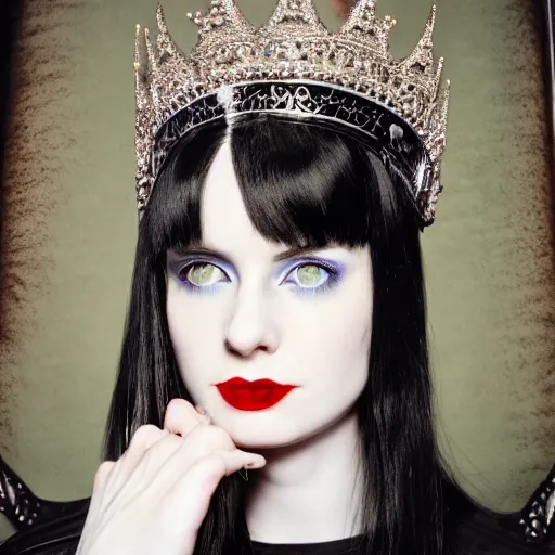 Prompt: a beautiful black haired woman with pale skin and a crown on her head sitted on an intricate metal throne, sharp focus, 8 k, cg, style by andy warhol