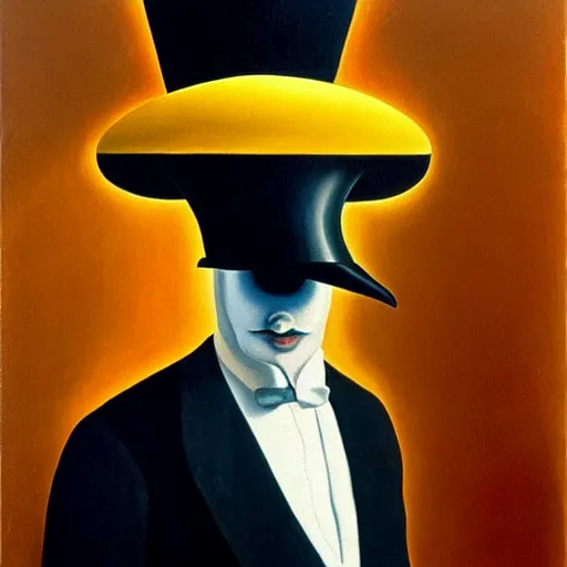 Image similar to a man wearing a top hat made of cheese, surrealism, by salvador dali and rene magritte, oil on canvas