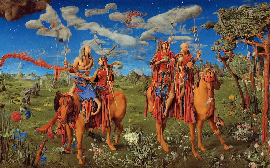 Image similar to a portrait photograph of a meditating shaman and a centaur monk riding a rocket and hunting at a river delta. surrounded by bulbous flowers and trees. mountain range under a blue sky of fiery stars. by jan van eyck, max ernst, ernst haeckel, ernst fuchs and artgerm, cgsociety, fashion editorial, 8 k