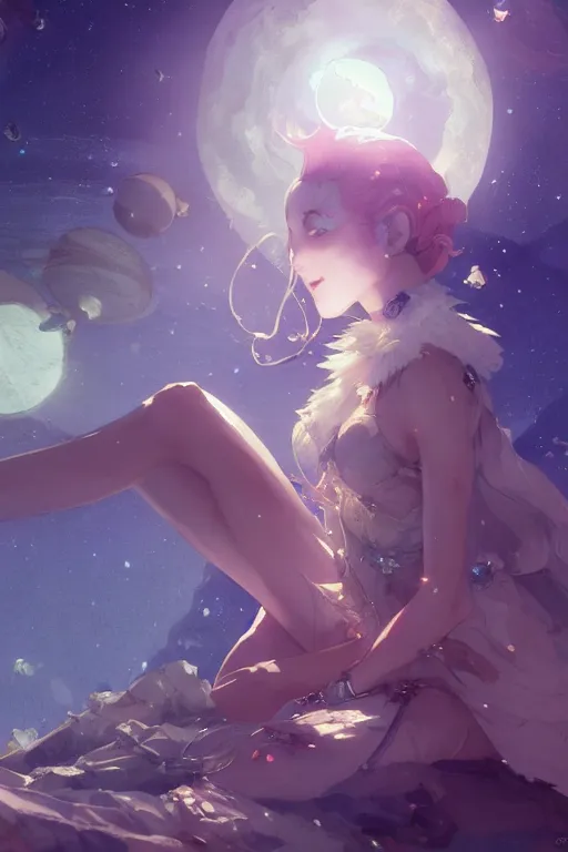 Image similar to A beautiful whimsical woman basking in the moonlight on a bed of crystals below planets, cinematic lighting, dramatic atmosphere, by Dustin Nguyen, Akihiko Yoshida, Greg Tocchini, Greg Rutkowski, Cliff Chiang, 4k resolution, trending on artstation