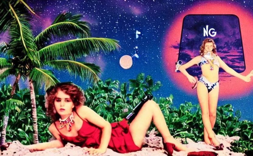 Image similar to 1 9 8 6 vintage movie screencap of a girl with a gun on a narco mansion, gucci clothes, night sky, beach and tropical vegetation on the background major arcana sky and occult symbols, 1 9 8 6 photo