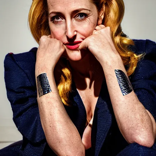 Image similar to portrait of Gillian Anderson as Wonder Woman (2021) in the style of Terry Richardson, award-winning, detailed, 82 mm sigma art, close up