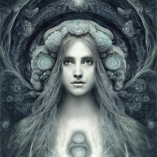 Prompt: perfectly centered portrait, beautiful fractal mushroom goddess, female, flowing hair, intense stare, sweet smile, symmetrical, concept art, intricate detail, volumetric shadows and lighting, realistic oil painting by gustave dore,