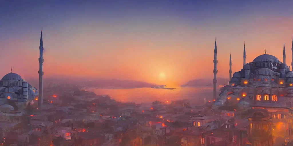 Prompt: Half-futuristic half-traditional version of the city of Istanbul during a sunset on a clear day, tonalism style, trending on Artstation, 8k, 4k, high-res, digital art