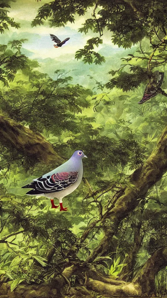 Prompt: a painting of a pigeon in a lush forest, by hiroshi yoshida