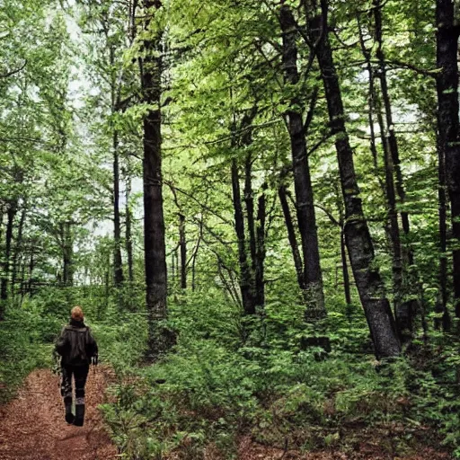 Prompt: modern day hunter, walking through the woods.