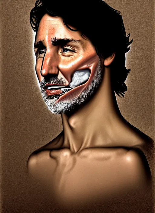 Image similar to a profile portrait of justin trudeau with translucent skin, visible cranial cavity, opening in skull, zipper, inside head cobwebs, dust and rats, digital art, highly detailed, by david cronenberg, raphael, caravaggio