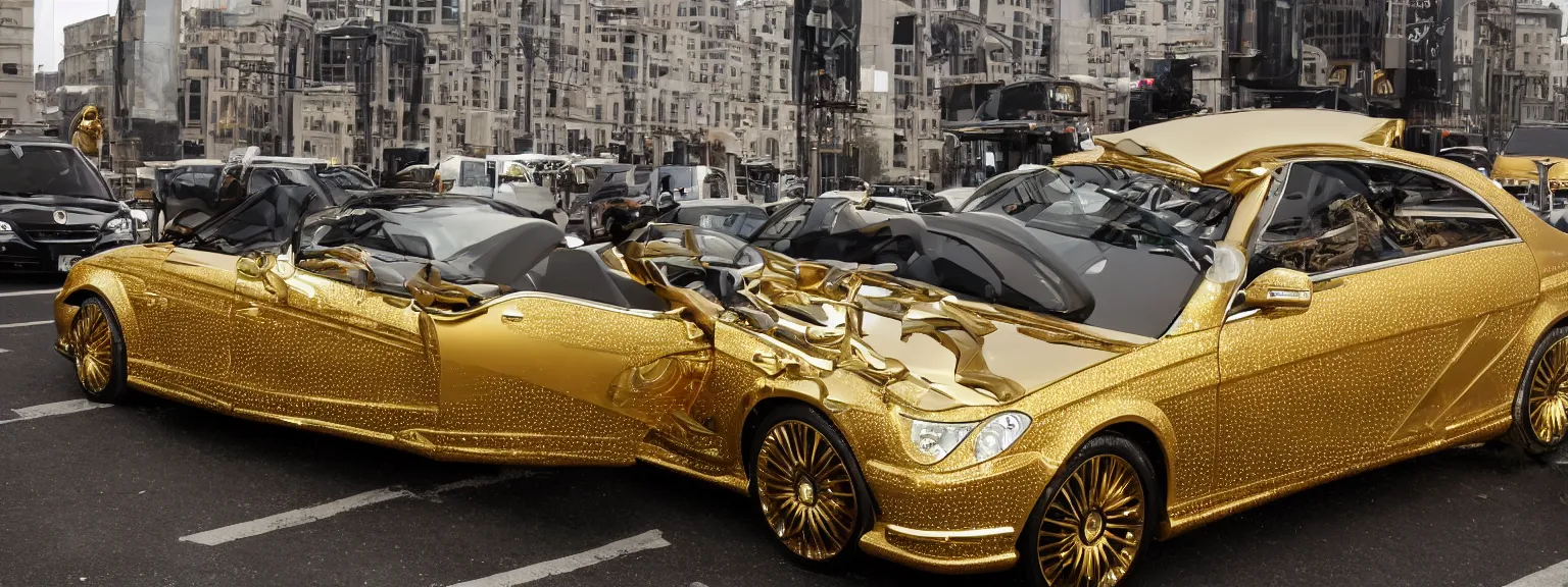 Prompt: photography a very luxurious, golden mercedes studded with diamonds, premium,