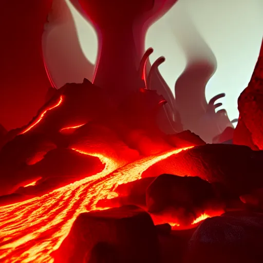 Prompt: a scorching magma realm with futiristic factories, muspelheim, scandinavian / norse influenced, cinematic, ray traced, octane render, cinematic lighting, ultrarealistic, featured on artstation, 8 k uhd artwork