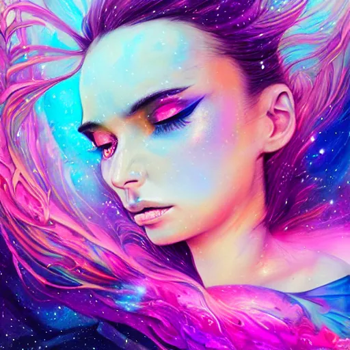 Image similar to a galaxy pink purple and blue colored psychedelic ethereal portrait of kim petras with her eyes closed transcending to a higher plane of existence, eternal blessing, multiverse, by android jones, by ben ridgeway, visionary art, by artgerm, featured on artstation, cgsociety, by greg rutkowski