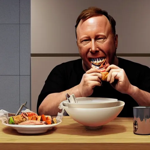 Image similar to hyperrealistic mixed media image of info wars alex jones eating dinner on the toilet, stunning 3 d render inspired art by xiang duan and thomas eakes and greg rutkowski, perfect facial symmetry, hyper realistic texture, realistic, highly detailed attributes and atmosphere, dim volumetric cinematic lighting, 8 k octane detailed render, post - processing, masterpiece,