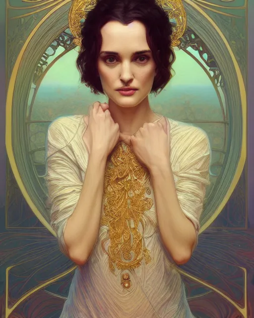 Prompt: winona ryder | highly detailed | very intricate | art nouveau | gold filigree | storybook illustration | soft cinematic lighting | award - winning | painted by mandy jurgens and alphonse mucha and alena aenami | pastel color palette | featured on artstation