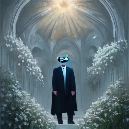 Image similar to a portrait of trump in flowers radiates holy light in the church,in the style of greg rutkowski,epic lighting,Postmodernism style,Masterpieces,oil on canvas