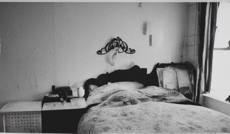 Image similar to A bedroom designed by William Burroughs, 35mm film, long shot