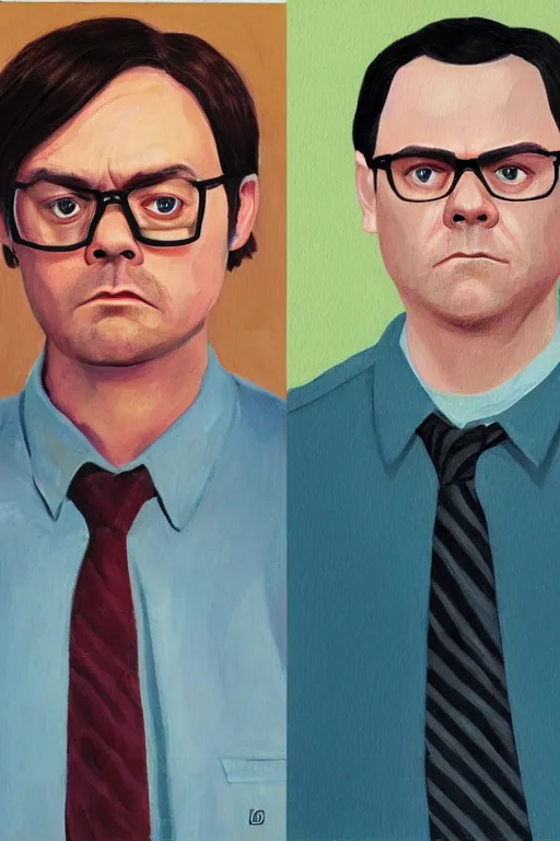 Prompt: portrait painting of dwight schrute from the office and joe lo truglio from brooklyn nine - nine, in the style of felice casorati