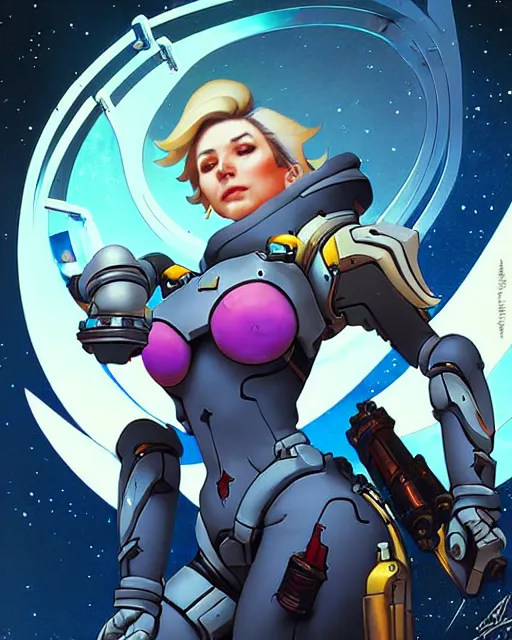 Image similar to mercy from overwatch, character portrait, portrait, close up, concept art, intricate details, highly detailed, vintage sci - fi poster, retro future, vintage sci - fi art, in the style of chris foss, rodger dean, moebius, michael whelan, and gustave dore