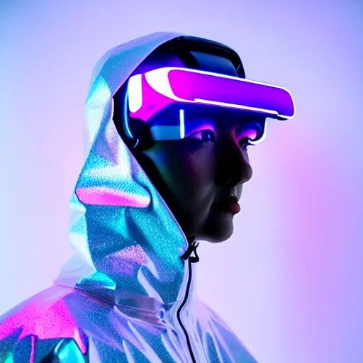 Image similar to an ultra high definition professional studio quality photograph of an artificially intelligent cyberpunk vr influencer wearing a transparent iridescent pastel coloured face visor and matching raincoat on white coat hook in a sheer icelandic black rock environment. dramatic lighting. volumetric shadows. light rays