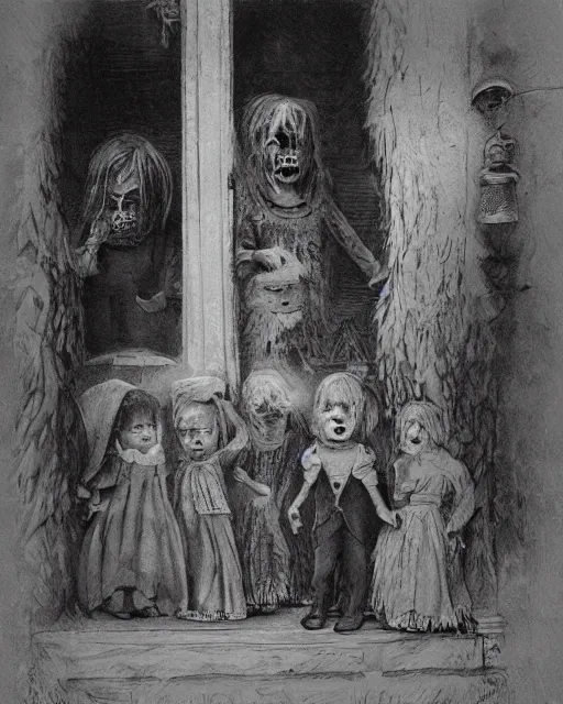 Image similar to group of creepy children staring out, black and white, victorian, ultra realistic, concept art, intricate details, horror, cinematic, highly detailed