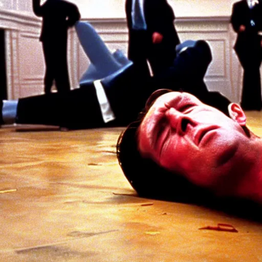 Prompt: Donald Trump laying dead on the floor in American Psycho (1999)