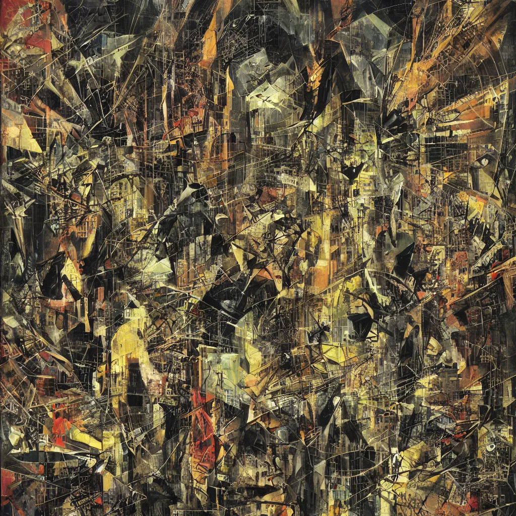 Prompt: digital birds fly over a progressively rasterized city of networks, oil on canvas by dave mckean and roberto matta