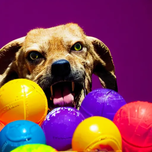 Image similar to snarling hellhound dog playing with a colorful beachball in hell