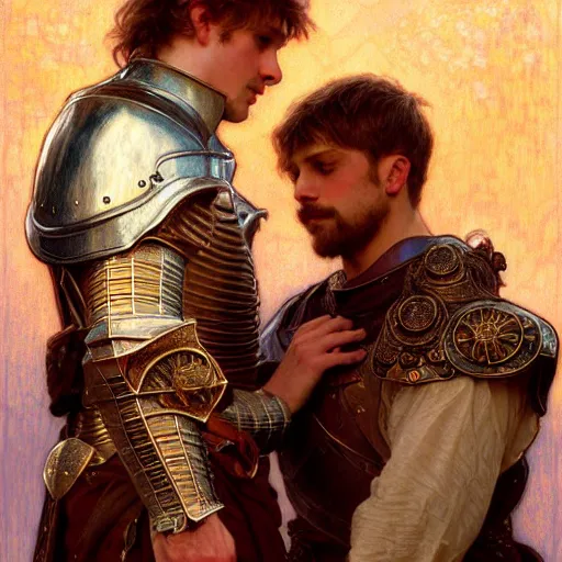 Image similar to attractive arthur pendragon and his attractive male knight, they are in love, natural lighting, path traced, highly detailed, high quality, digital painting, by gaston bussiere, craig mullins, alphonse mucha j. c. leyendecker