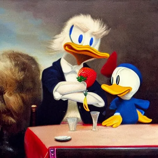 Prompt: donald trump and donald duck are sitting in front of a table with a bowl of stawberries, in the style of rembrandt