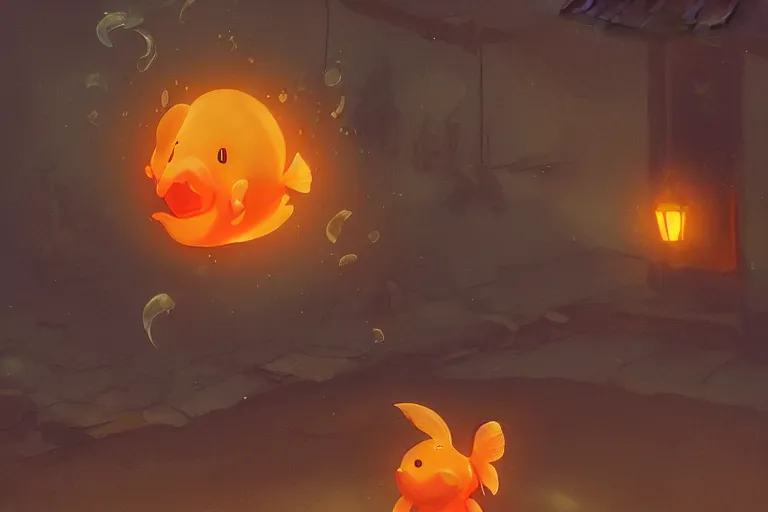 Image similar to fantasy art of glowing goldfish floating around houses in a japanese town at night, by makoto shinkai, close up, low angle, wide angle, highly detailed digital art, trending on artstation