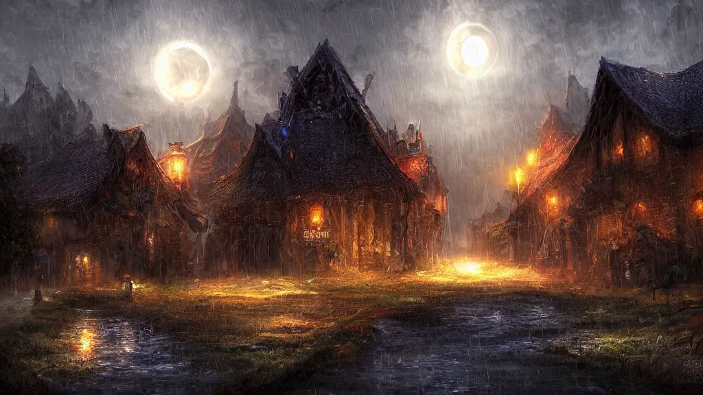 Image similar to tristram, diablo, village, rain, night, dark sky, moon, digital art, artstation