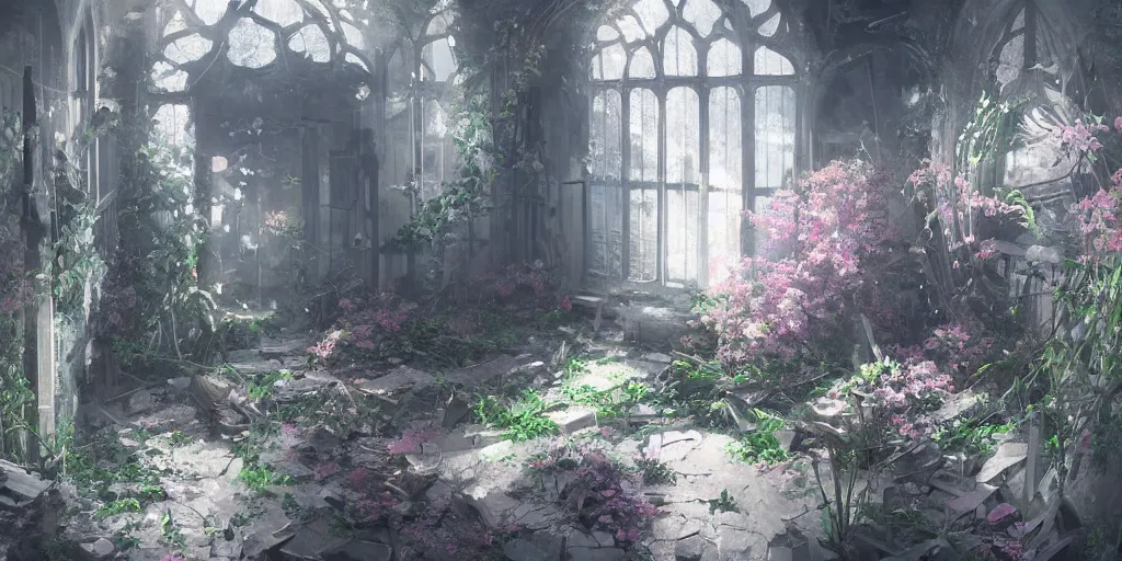 Image similar to anime kyoto animation key by greg rutkowski night, a huge broken blade in abandoned chapel with overgrown flowers and plants