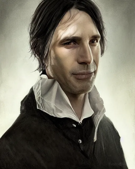 Image similar to portrait of a 3 2 - year - old man wearing black clothes, snape severus, with black, greasy, mid - length hair, hooked nose, dark brown eyes, yellow uneven teeth, hyper realistic face, beautiful eyes, fantasy art, in the style of greg rutkowski, intricate, hyper detailed, smooth