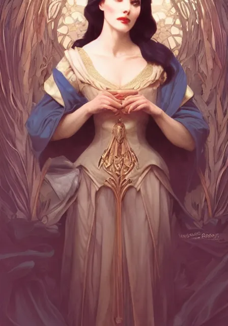 Image similar to snow white and evil queen, intricate, elegant, highly detailed, digital painting, artstation, concept art, smooth, sharp focus, illustration, art by artgerm and greg rutkowski and alphonse mucha and william - adolphe bouguereau