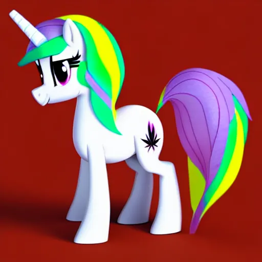 Prompt: white colored stoner pony from my little pony, marijuana themed, weed cutie mark, art, smoke everywhere, colorful, 3 d, render, blender 3 d, soft lighting, floaty, surrounded by smoke clouds spiraling around