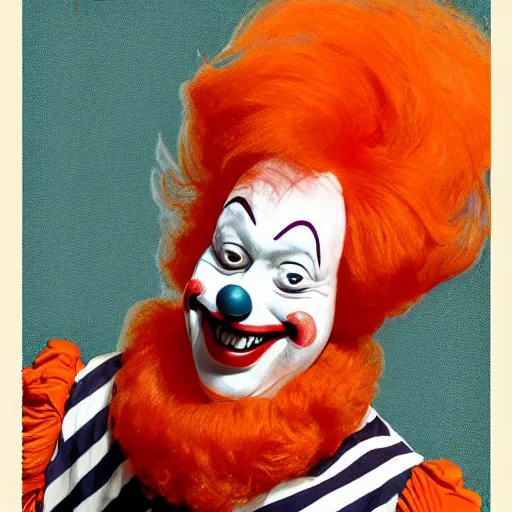 Image similar to a bozo clown wearing a orange wig and striped shirt, digital art, trending on artstation, vintage, retrofuturism, art by marc davis, marc davis artwork, poster