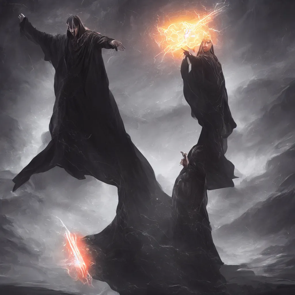 Prompt: a beautiful digital artwork depicting a powerful sorcerer in a glowing black robe, mystical, intense, concept art, matte painting, 4 k, detailed