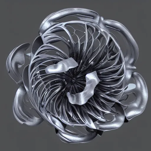Prompt: a biomechanical hibiscus flower made of metal, reflective octane render