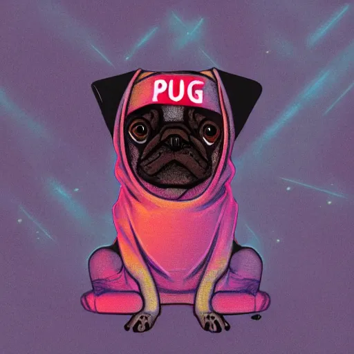 Image similar to a sad pug wearing a hoodie, the word ( sad ) is written on the hoodie in upper case letters, digital art, synthwave style, trending on artstation, matte painting