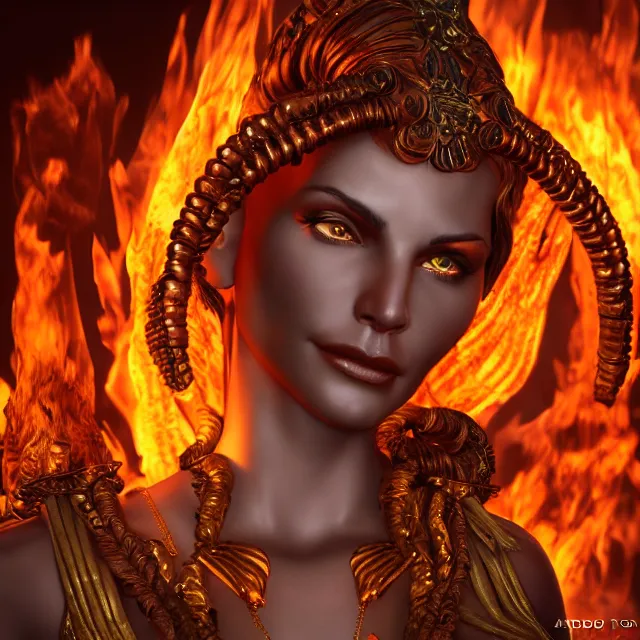 Image similar to perfectly centered close up portrait of goddess of fire, perfect human female specimen, candid photography, by anne stokes and todd mcfarlane, updo, highly detailed, unreal engine 5