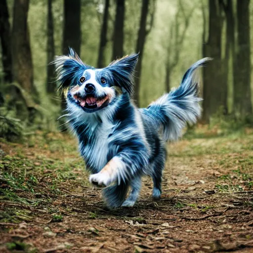 Image similar to blue Merle australian Shepard running through a forest, photography, hyper realistic