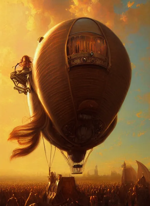 Image similar to portrait painting of a handsome face rugged long hair crimson hair male capitain, top half portrait soft hair steampunk ornate mechanical zeppelin blimp airship in the background sky sunset golden hour fantasy soft hair deviantart book cover art dramatic volumetric lighting art by wlop greg rutkowski gaston bussiere