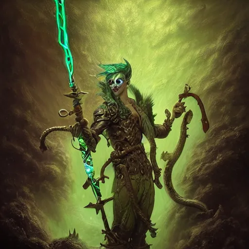 Prompt: a beautiful detailed 3d matte portrait of a masculine triton with green hair, wearing leather assassin armor, wielding a staff with a glowing red crystal, male, standing in a maelstrom, by ellen jewett, by tomasz alen kopera, by Justin Gerard, ominous, magical realism, texture, intricate, skull, skeleton, whirling smoke, alchemist bottles, radiant colors, fantasy, volumetric lighting, high details