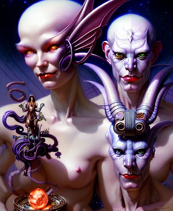 Image similar to beautiful gemini good and evil fantasy character portrait, ultra realistic, wide angle, intricate details, the fifth element artifacts, highly detailed by peter mohrbacher, hajime sorayama, wayne barlowe, boris vallejo, aaron horkey, gaston bussiere, craig mullins