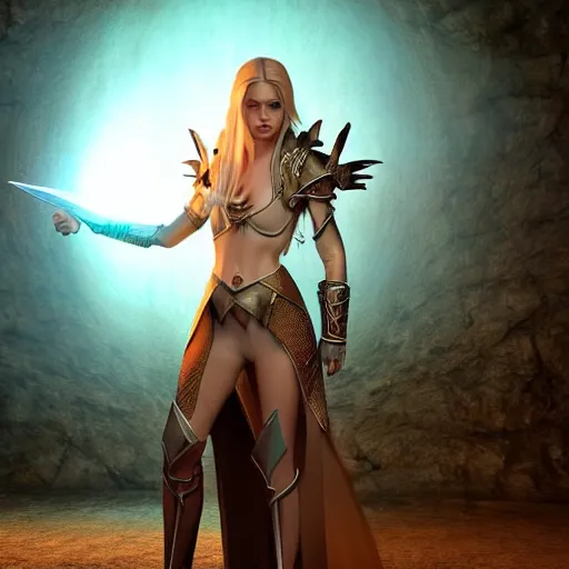 Image similar to full - body shot, cinematic movie image, beautiful hot elven female mage with a shield and a sword, ultra - hd, hcl, 1 2 - bit, ar, volumetric lighting, screen space global illumination, opaque, optics, lumen reflections, vfx, insanely detailed and intricate