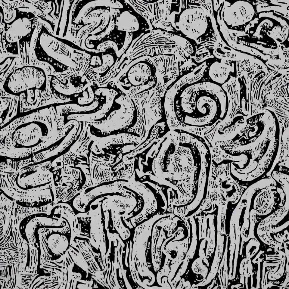 Image similar to a linocut engraving of hyeroglyphs made out of mushrooms