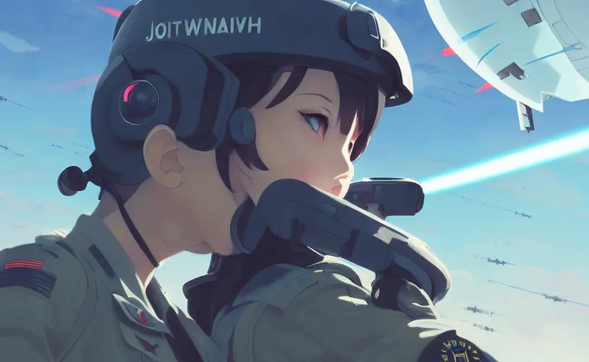 Image similar to portrait of pilot girl with jet strike units, dogfighting a ufo with lasers, black sky background, battlefield landscape, illustration concept art anime key visual trending pixiv fanbox by wlop and greg rutkowski and makoto shinkai and studio ghibli and kyoto animation, soldier clothing, modern air combat