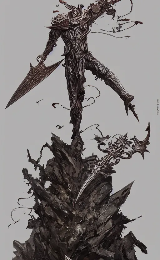 Image similar to dagger with symmetrical dagger features is legendary artifact posed on wooden stand, front game card, drark, marvel comics, dark, intricate, highly detailed, smooth, artstation, digital illustration by ruan jia and mandy jurgens and artgerm and wayne barlowe and greg rutkowski and zdislav beksinski
