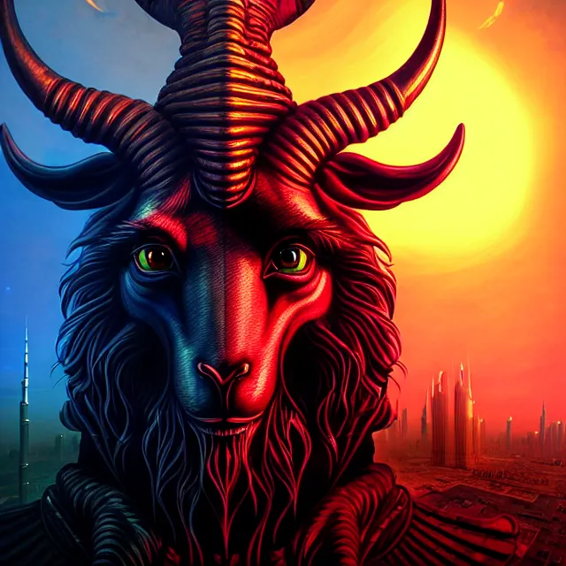 Prompt: Beautiful portrait 3d render of the illuminati Baphomet, face portrait, atmospheric lighting, painted, intricate, volumetric lighting, beautiful, rich deep colors masterpiece, sharp focus, ultra detailed, in the style of Dan Mumford and marc simonetti, with a clear crowded futuristic cyberpunk dubai city in the background, astrophotography