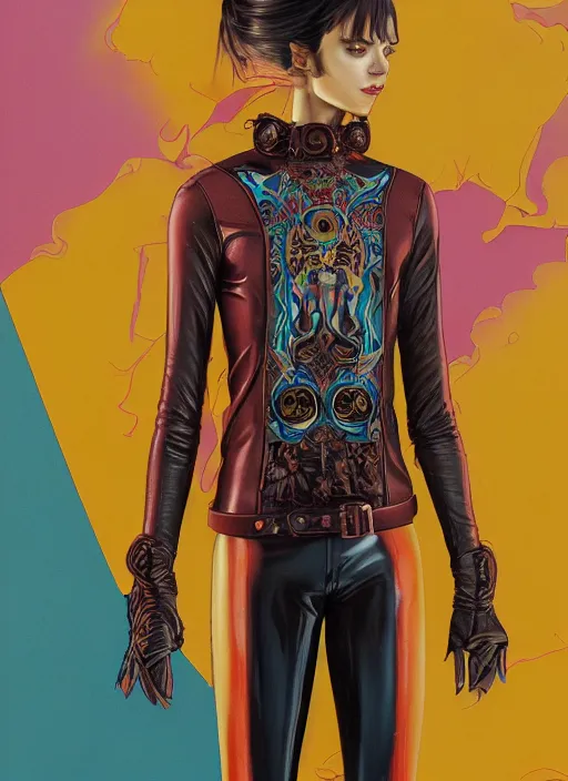 Image similar to skintight leather jacket : : by martine johanna and simon stalenhag and chie yoshii and casey weldon and wlop : : ornate, dynamic, particulate, rich colors, intricate, elegant, highly detailed, centered, artstation, smooth, sharp focus, octane render, 3 d