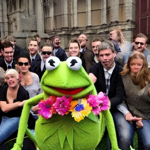 Prompt: celebrating kermit the frogs funeral, full muppet cast in attendance