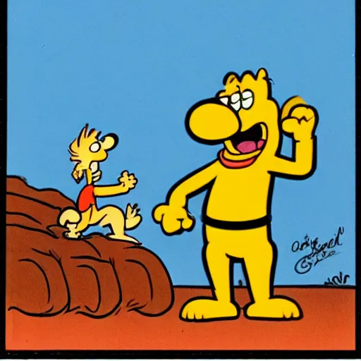 Image similar to garfield points a gun at odie, panel from garfield comic strip, illustrated by jim davis